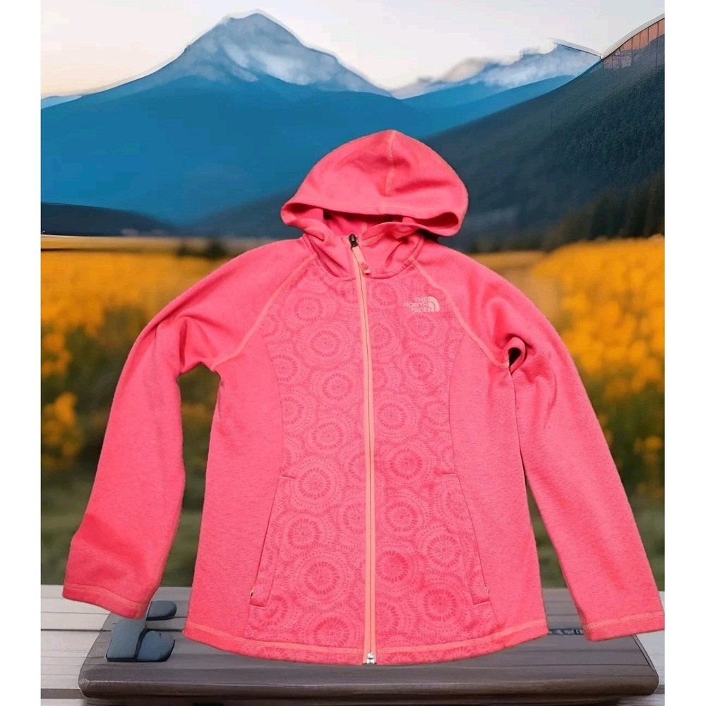 The North Face Fleece Jacket‎ Girls Medium Pink Good Full Zip Hooded Geometric